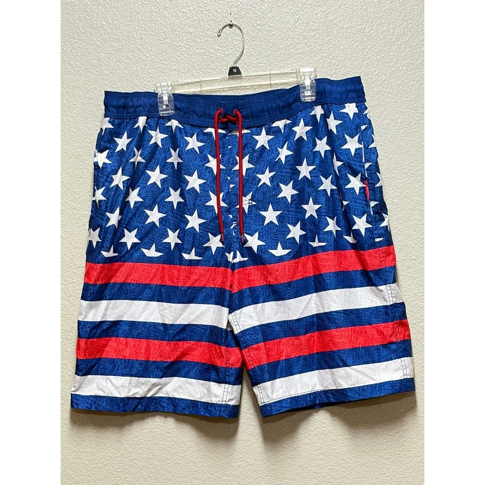 Mens American Flag Swim Trunks Stars and Stripes Patriotic Board Shorts Blue Red